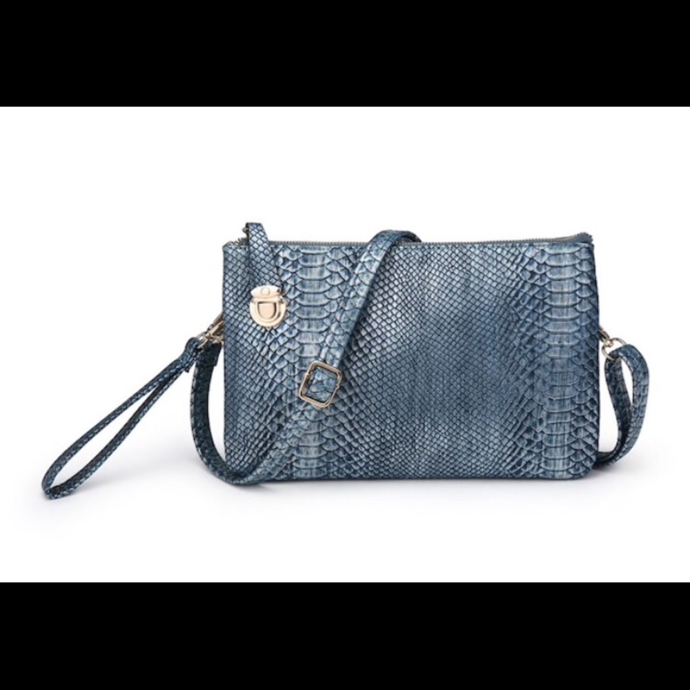 Multi Compartment Faux Snake Imprinted Crossbody